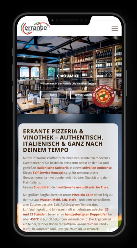 Website der Errante Pizzeria auf einem Smartphone