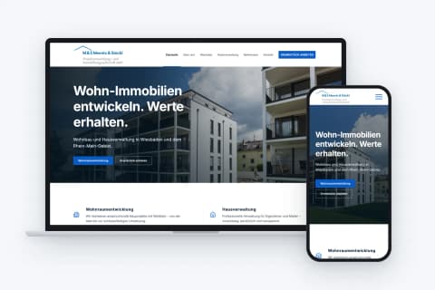 Meents-&-Stöckl-Website auf Laptop und Smartphone: Startseite „Wohn-Immobilien entwickeln. Werte erhalten.“
