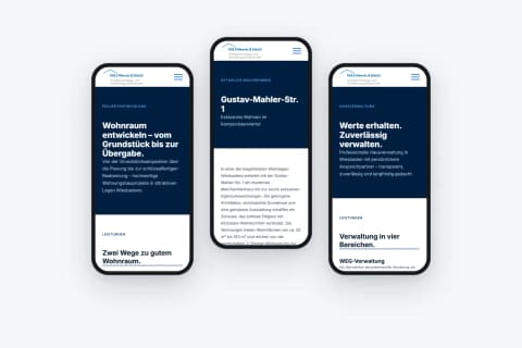 Meents-&-Stöckl-Website auf drei Smartphones: Wohnbau, Projektseite Gustav-Mahler-Straße und Hausverwaltung