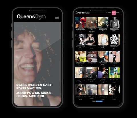 QueensGym-Website auf zwei Smartphones mit Schwarzweiß-Fotografie